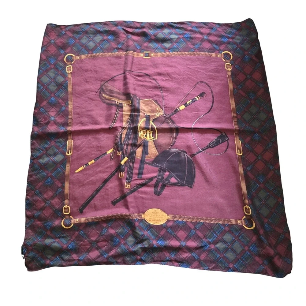 Lauren Ralph Lauren Silk Scarf Burgundy Equestrian Saddle Riding 34x34 Large Sqr